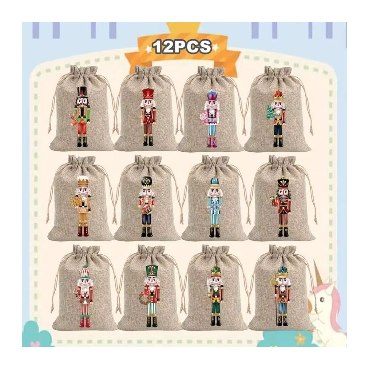 VIKAMA 12-teiliges Set Weihnachts-Süßigkeitentüten aus Leinen mit Nussknacker-Design in Beige, rustikale Geschenkbeutel für Weihnachtsgeschenke - Bild 1