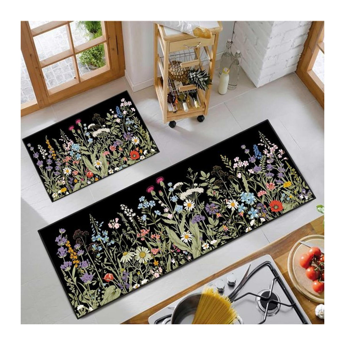 VIKAMA 2-teiliges Küchenteppich-Set mit nordischem Blumenmuster in Schwarz, rutschfest und waschbar - Bild 1