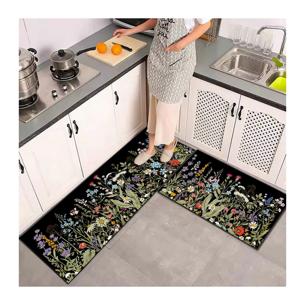 VIKAMA 2-teiliges Küchenteppich-Set mit nordischem Blumenmuster in Schwarz, rutschfest und waschbar - Bild 2