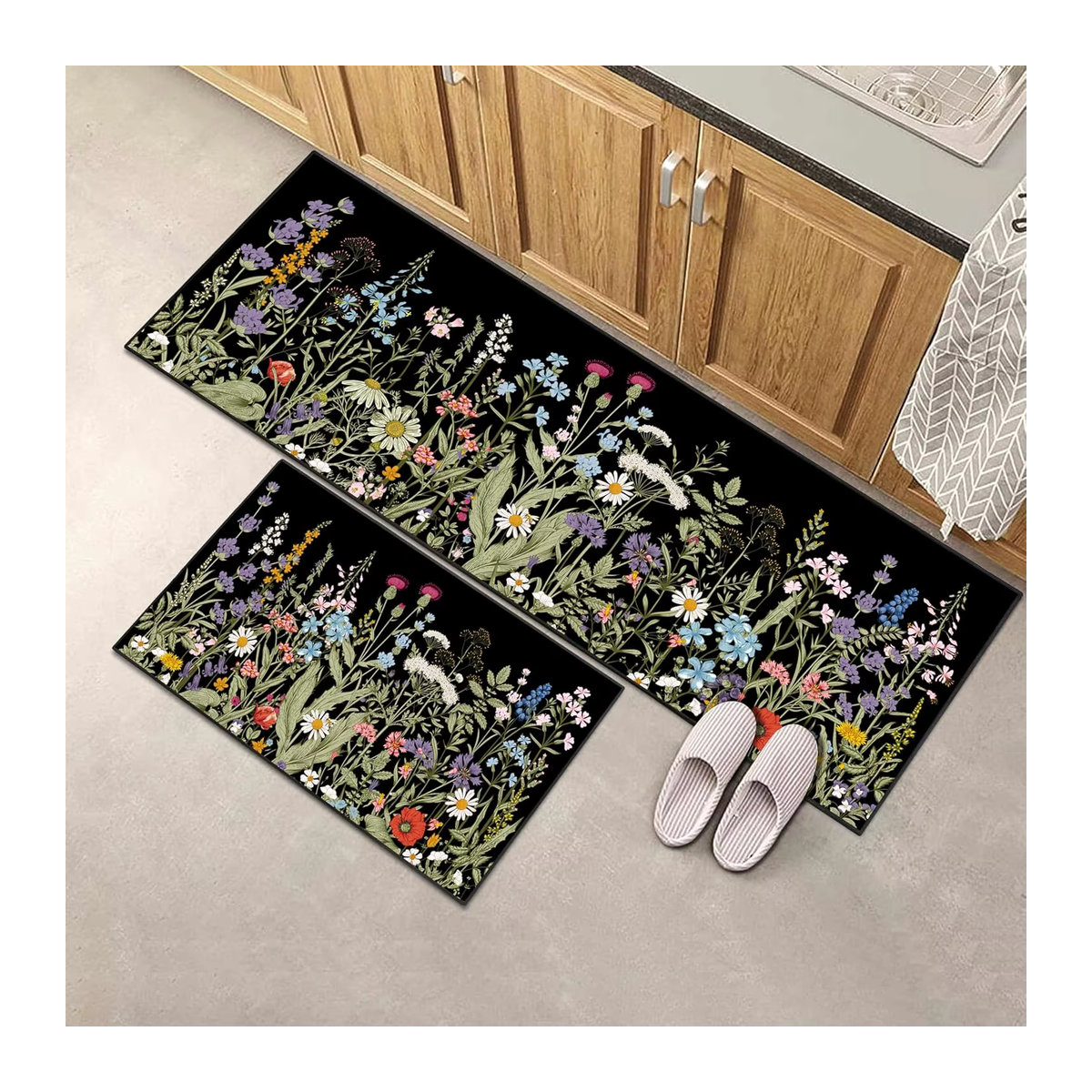 VIKAMA 2-teiliges Küchenteppich-Set mit nordischem Blumenmuster in Schwarz, rutschfest und waschbar - Bild 5