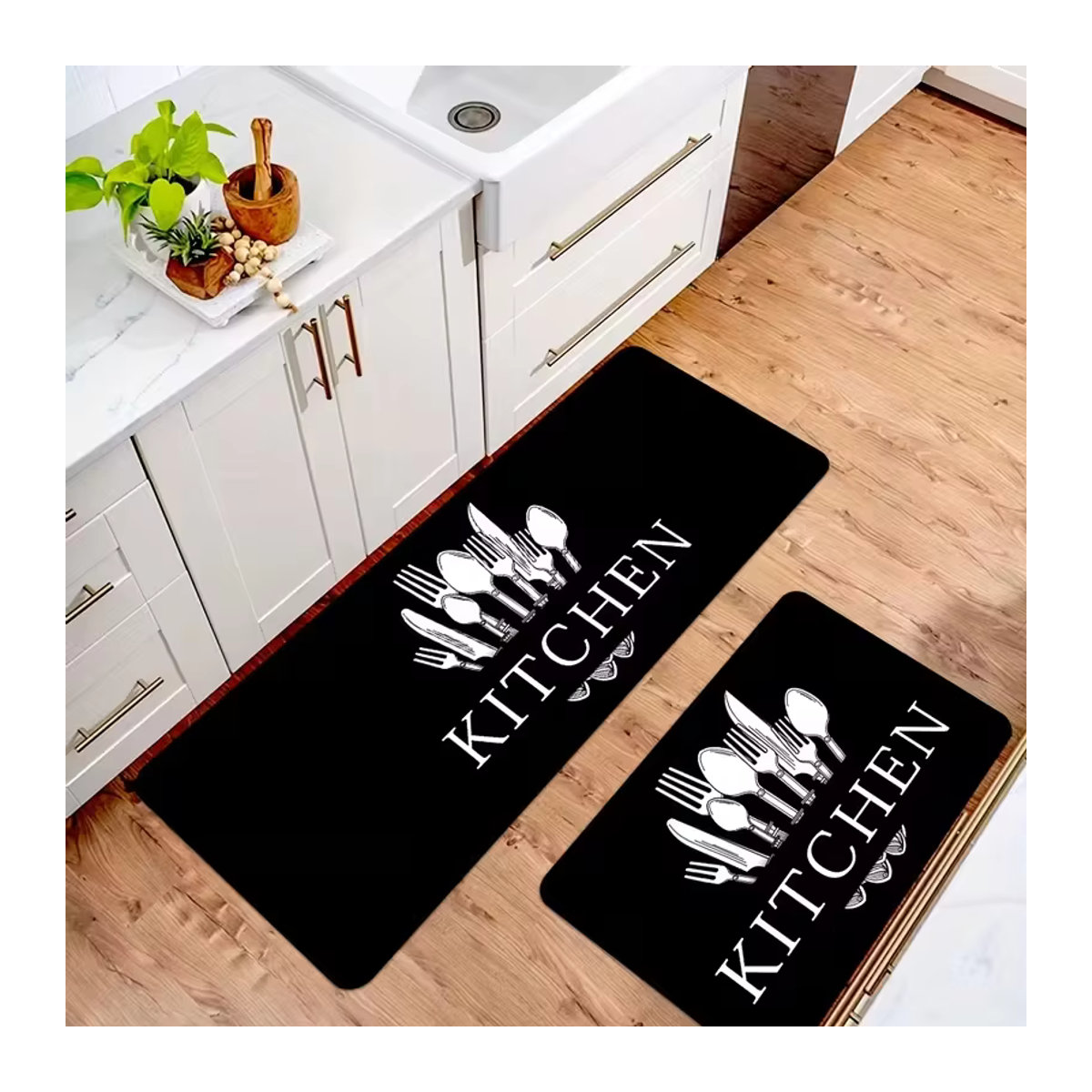 VIKAMA 2-teiliges Küchenteppich-Set rutschfest mit Messer- und Gabeldruck in Schwarz und Weiß - Bild 2
