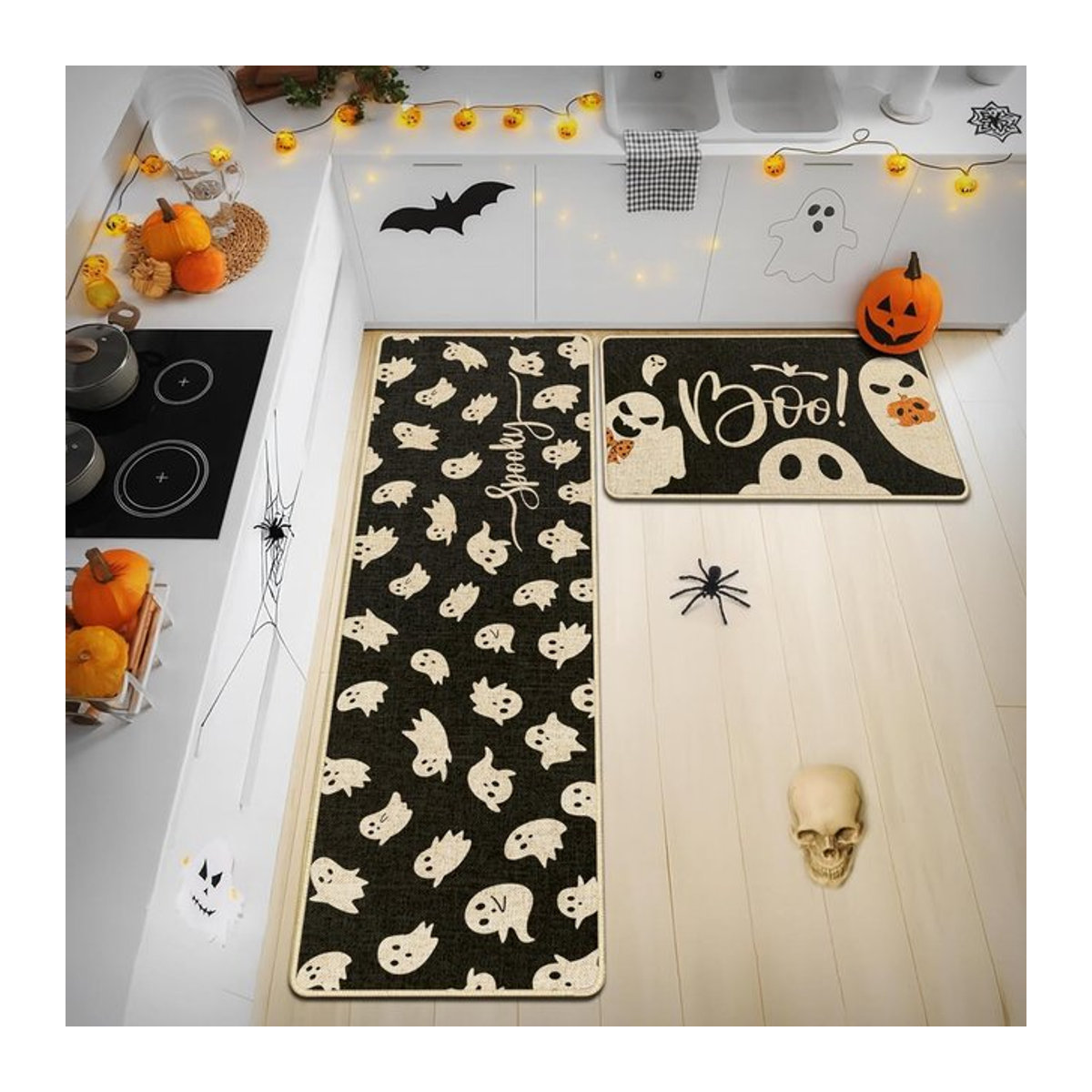 VIKAMA 2-teiliges Teppich-Set mit Halloween-Geistermuster in Schwarz für Wohnzimmer und Küche - Bild 1