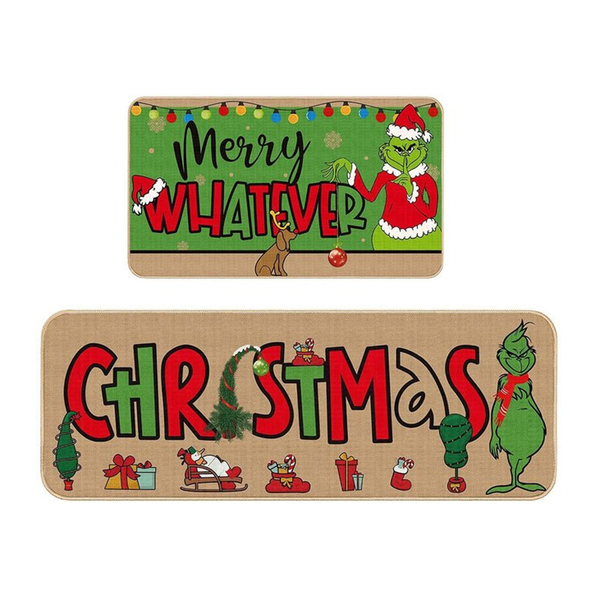 VIKAMA 2-teiliges Weihnachts-Grinch-Teppich-Set, mehrfarbig, rutschfeste Fußmatten für Eingangsbereich, Flur, Küche und Waschküche - Bild 1