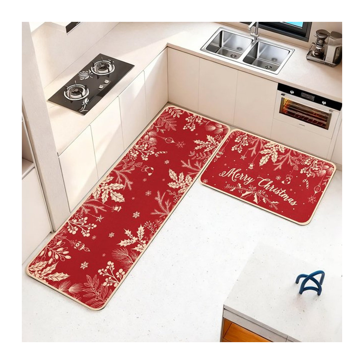 VIKAMA 2-teiliges Weihnachtsdekor Set mit Küchenteppich und Schiebe-Fußmatte in Rot für Küche und Schlafzimmer im Bauernhaus-Stil - Bild 1
