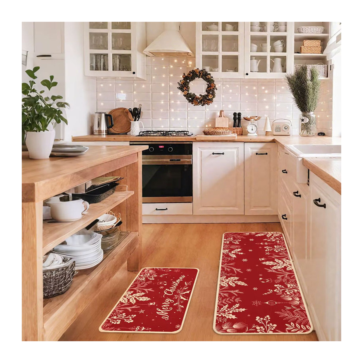 VIKAMA 2-teiliges Weihnachtsdekor Set mit Küchenteppich und Schiebe-Fußmatte in Rot für Küche und Schlafzimmer im Bauernhaus-Stil - Bild 2