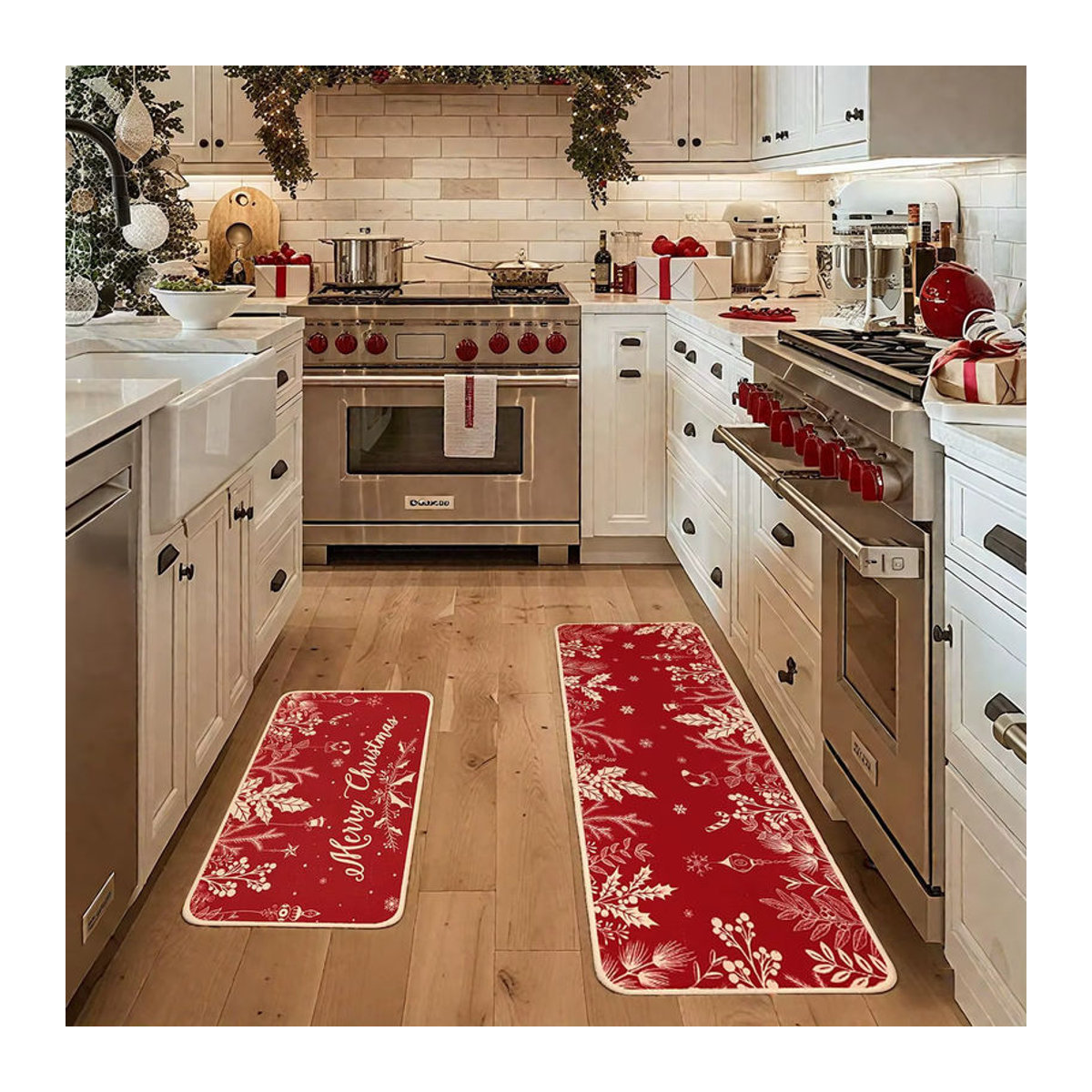 VIKAMA 2-teiliges Weihnachtsdekor Set mit Küchenteppich und Schiebe-Fußmatte in Rot für Küche und Schlafzimmer im Bauernhaus-Stil - Bild 3