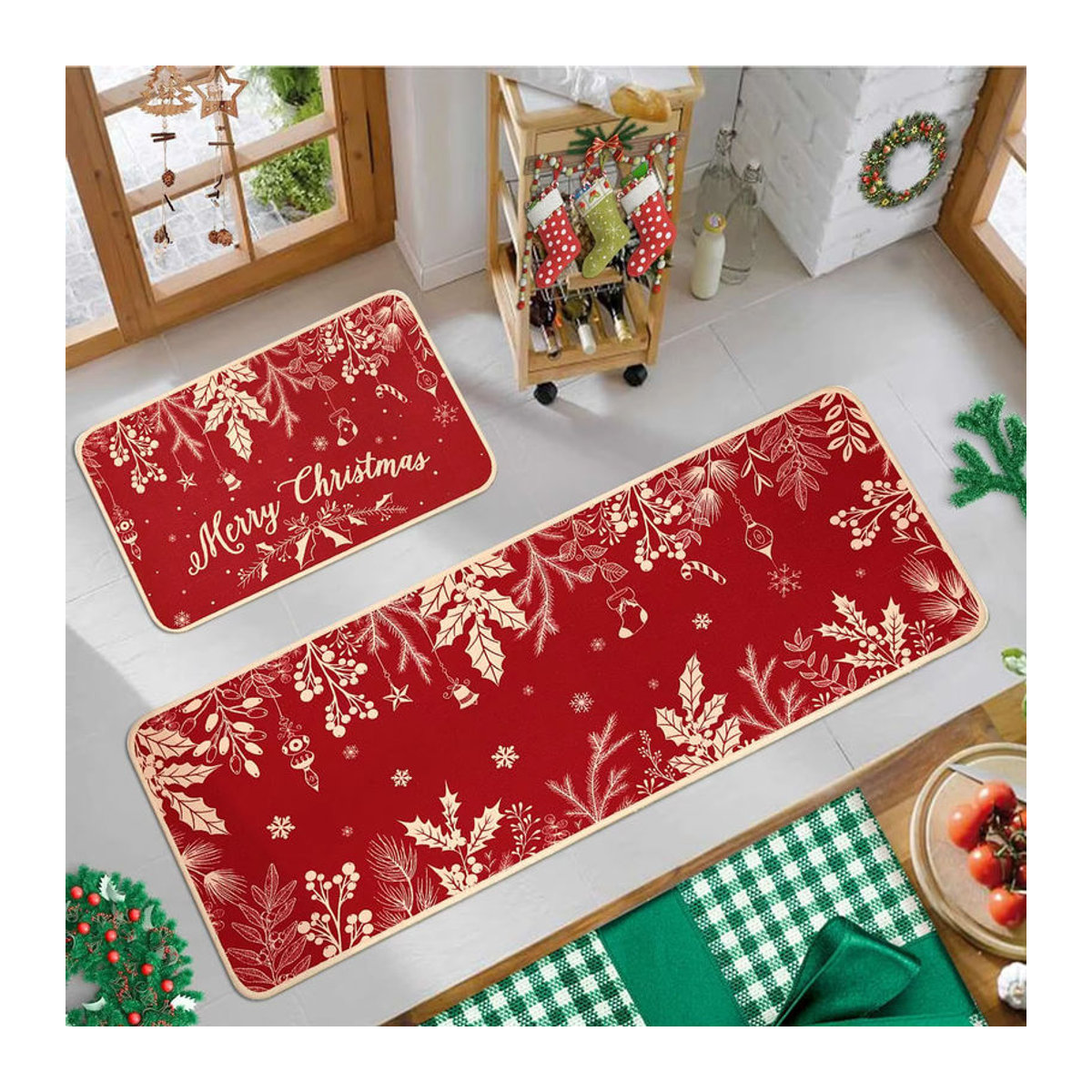 VIKAMA 2-teiliges Weihnachtsdekor Set mit Küchenteppich und Schiebe-Fußmatte in Rot für Küche und Schlafzimmer im Bauernhaus-Stil - Bild 4
