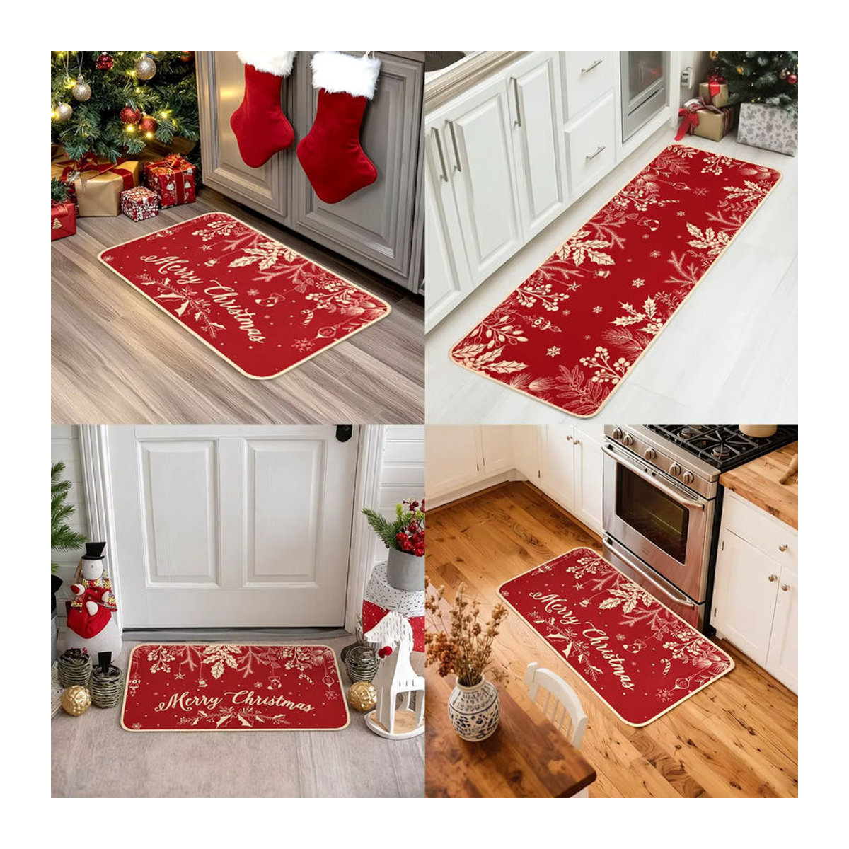 VIKAMA 2-teiliges Weihnachtsdekor Set mit Küchenteppich und Schiebe-Fußmatte in Rot für Küche und Schlafzimmer im Bauernhaus-Stil - Bild 5