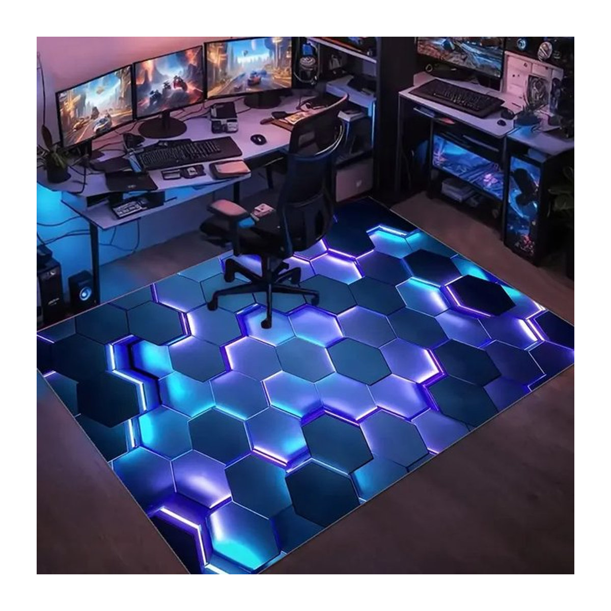 VIKAMA 3D-Sechseck-Gaming-Teppich in Blau mit geometrischem Design und rutschfester Oberfläche für dein Wohnzimmer oder Schlafzimmer - Bild 1