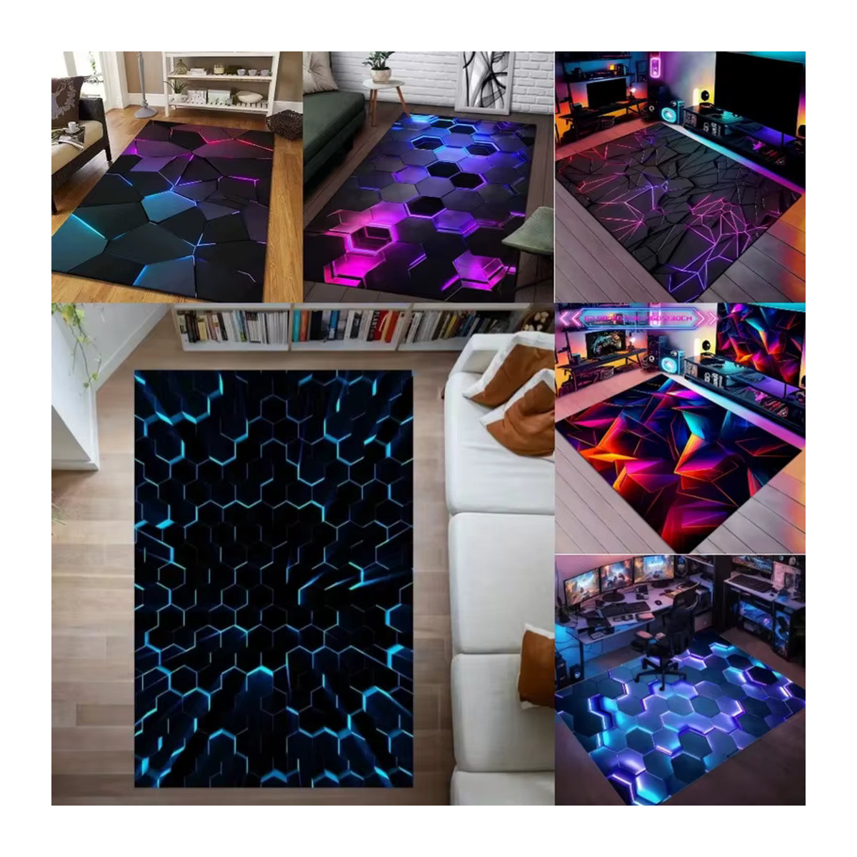 VIKAMA 3D-Sechseck-Gaming-Teppich in Blau mit geometrischem Design und rutschfester Oberfläche für dein Wohnzimmer oder Schlafzimmer - Bild 2