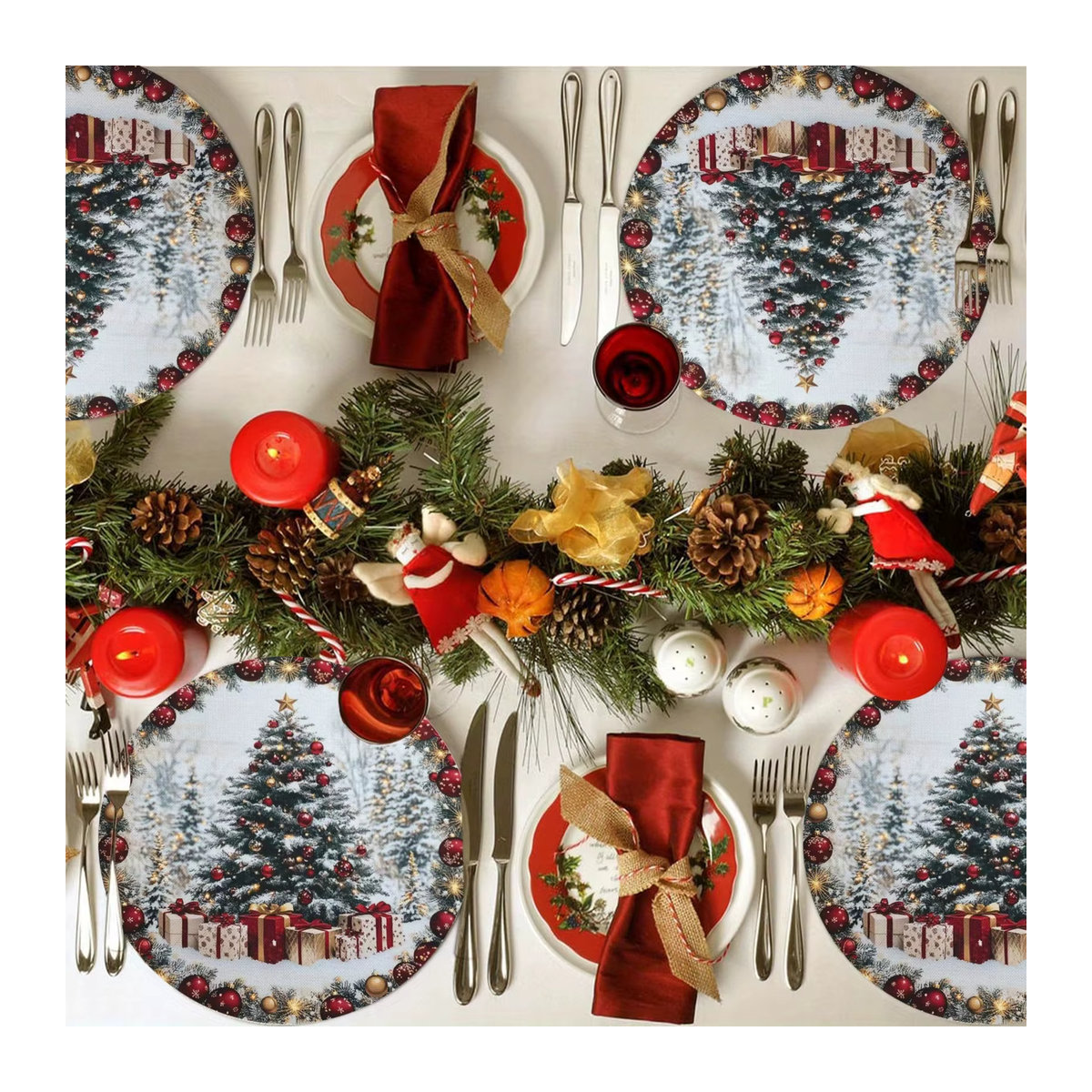 VIKAMA 4-teiliges Weihnachts-Tischset-Set mit Schneeszene, Weihnachtsbäumen und Geschenken in Rot, Weiß und Grün - Bild 3