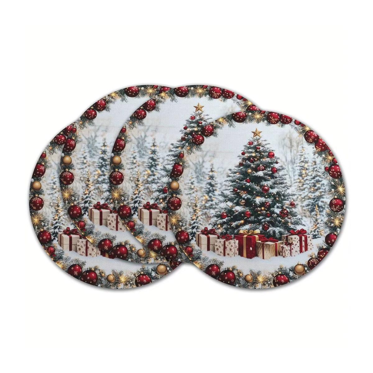 VIKAMA 4-teiliges Weihnachts-Tischset-Set mit Schneeszene, Weihnachtsbäumen und Geschenken in Rot, Weiß und Grün - Bild 4