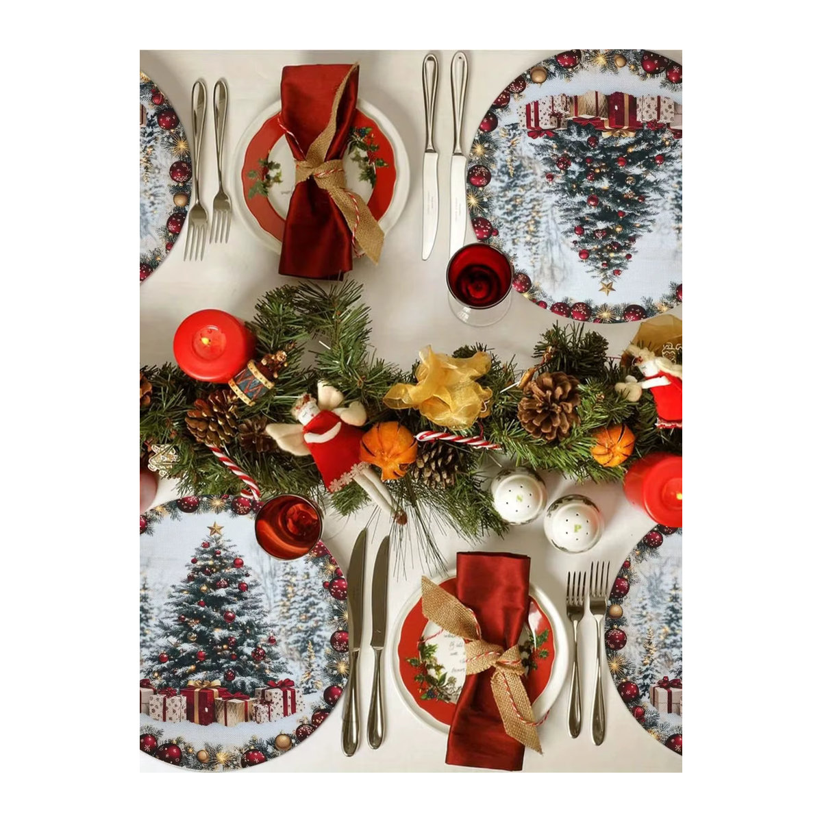 VIKAMA 4-teiliges Weihnachts-Tischset-Set mit Schneeszene, Weihnachtsbäumen und Geschenken in Rot, Weiß und Grün - Bild 5