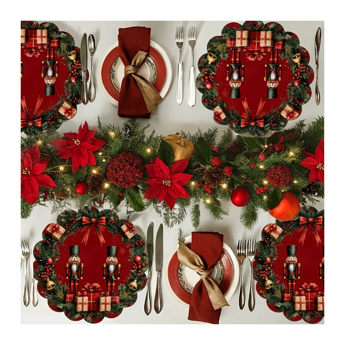 VIKAMA 4er Set Weihnachts-Nussknacker Tischsets mit goldener Schleife in Rot - Bild 1