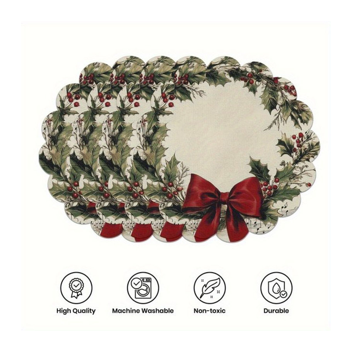 VIKAMA 4er-Set Weihnachts-Tischdeko mit Holly Berry Motiv, floralem Design und Wellenrand, mehrfarbig, Textil - Bild 1