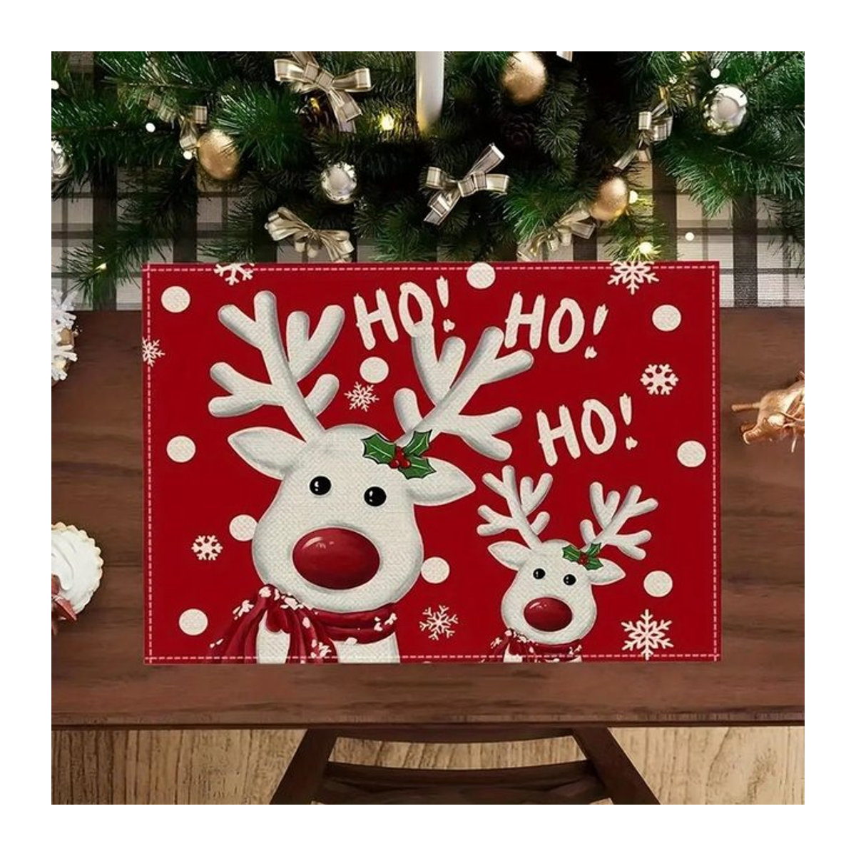 VIKAMA 4er Set Weihnachts-Tischsets mit Rentier und Schneeflocken-Muster in Rot - Bild 1