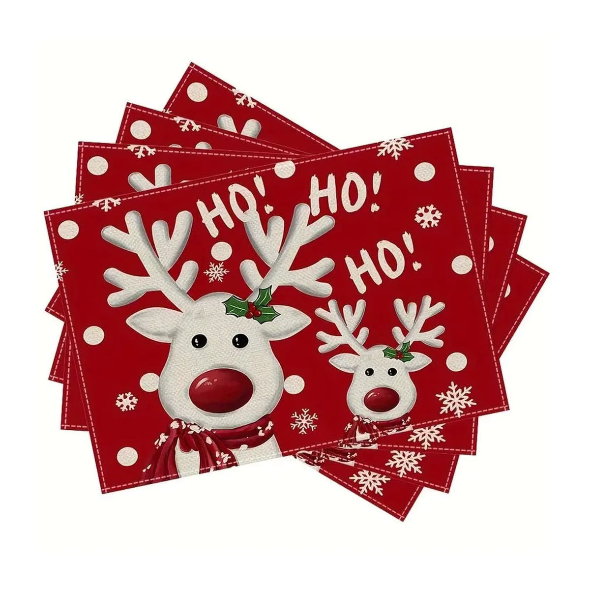 VIKAMA 4er Set Weihnachts-Tischsets mit Rentier und Schneeflocken-Muster in Rot - Bild 2