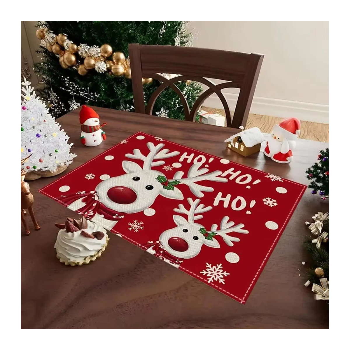 VIKAMA 4er Set Weihnachts-Tischsets mit Rentier und Schneeflocken-Muster in Rot - Bild 3