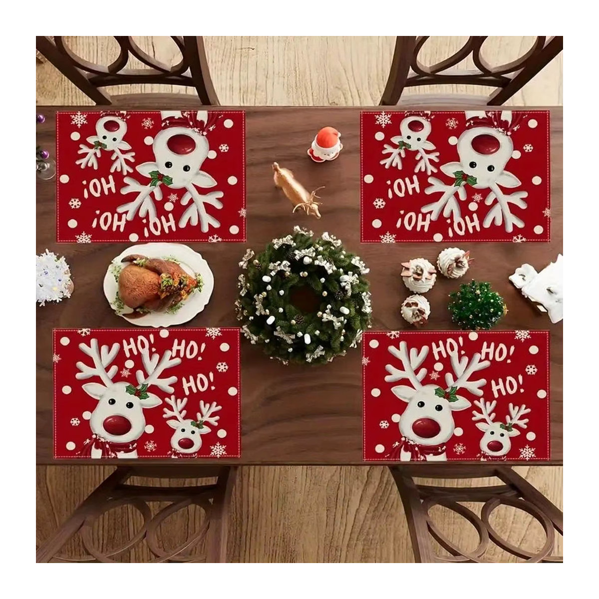 VIKAMA 4er Set Weihnachts-Tischsets mit Rentier und Schneeflocken-Muster in Rot - Bild 4