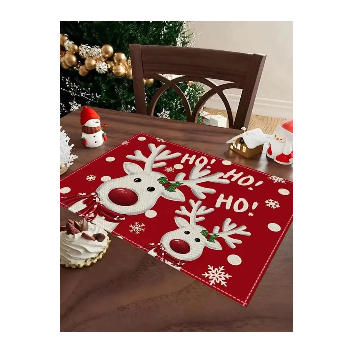 VIKAMA 4er Set Weihnachts-Tischsets mit Rentier und Schneeflocken-Muster in Rot - Bild 5