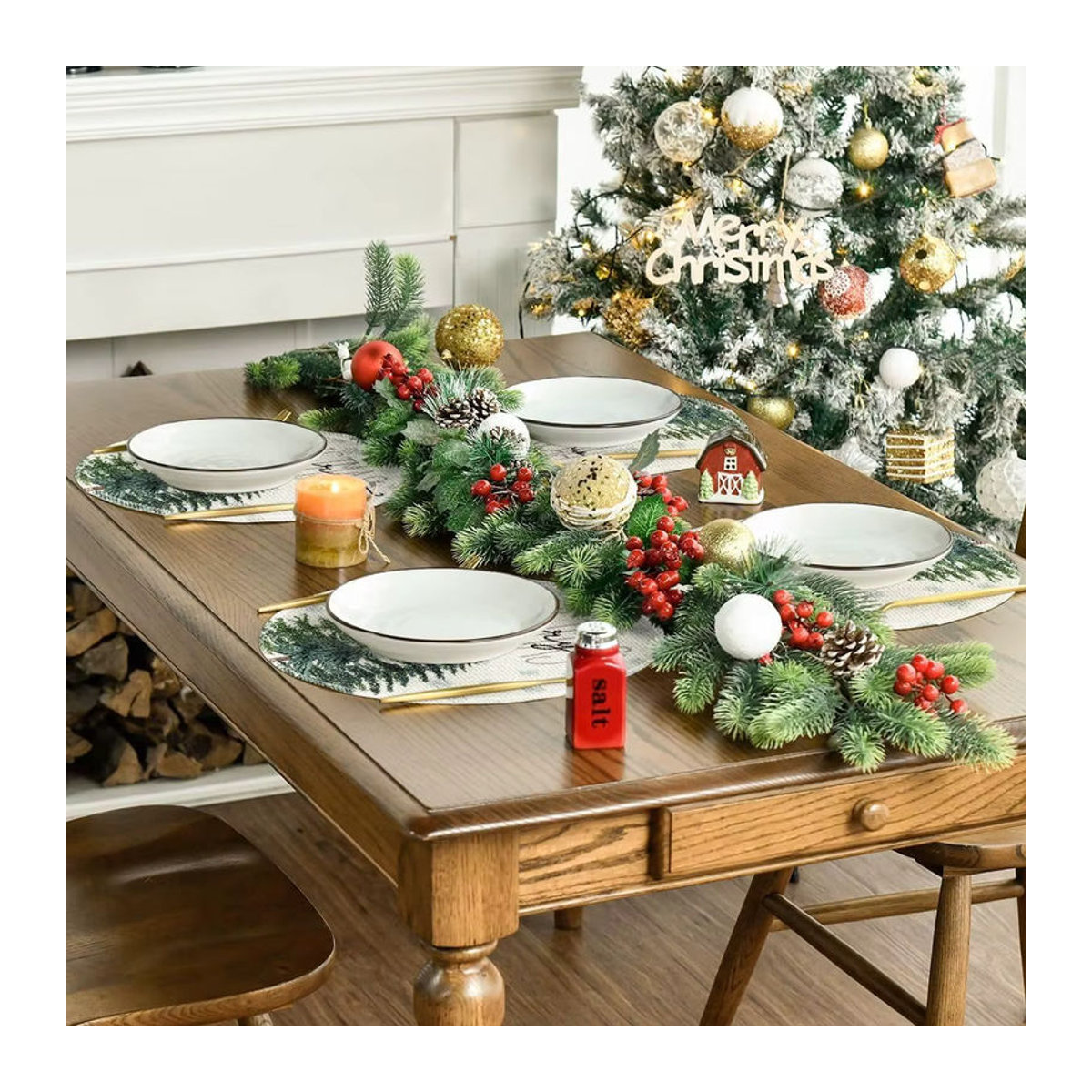 VIKAMA 4er Set Weihnachtsmattenset Beige mit Schneeflocken und Kiefernzweigen für Esstisch und Restaurant Dekoration - Bild 3