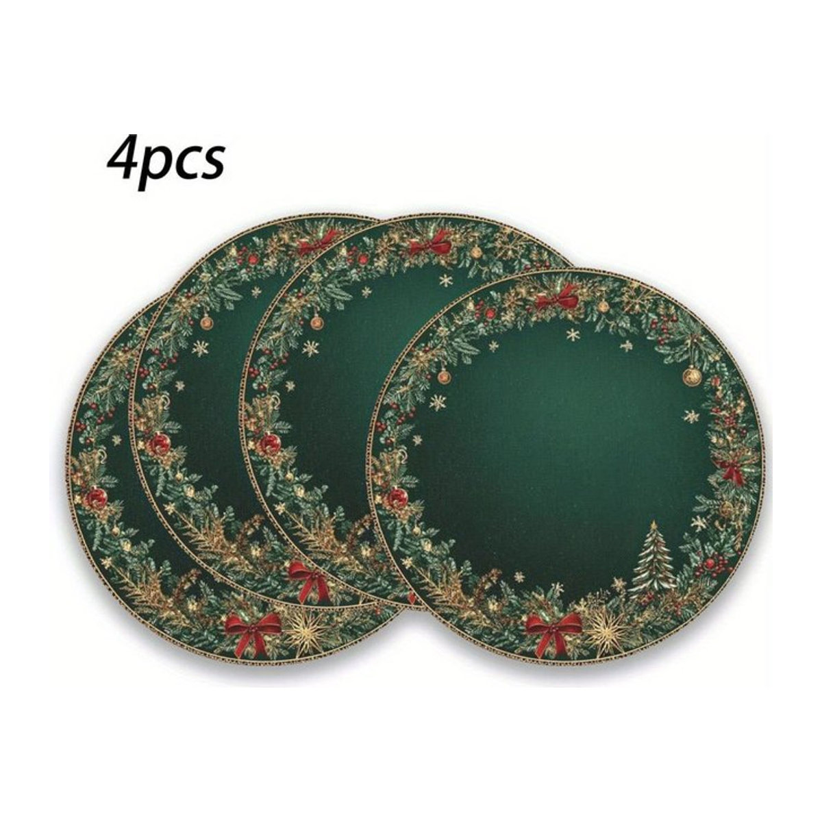 VIKAMA 4er Set Weihnachtstischsets mit Holly Berry, Glocken und Schneeflocken Design, grün, rund, Textil - Bild 1
