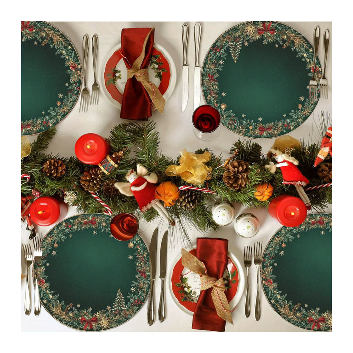 VIKAMA 4er Set Weihnachtstischsets mit Holly Berry, Glocken und Schneeflocken Design, grün, rund, Textil - Bild 2