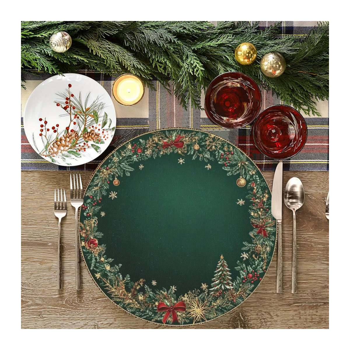 VIKAMA 4er Set Weihnachtstischsets mit Holly Berry, Glocken und Schneeflocken Design, grün, rund, Textil - Bild 3
