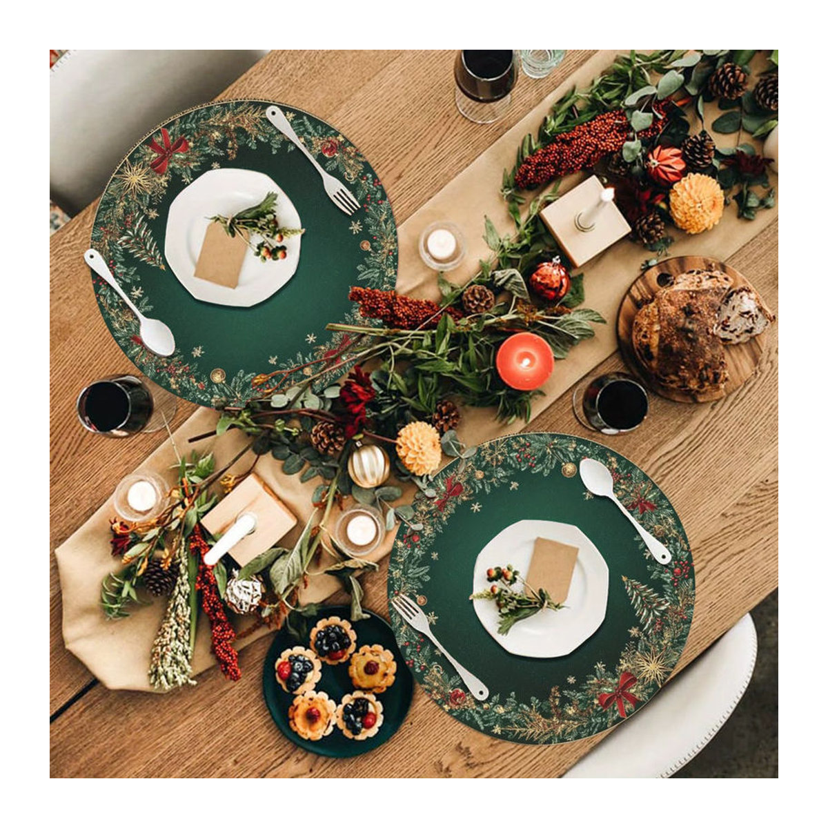 VIKAMA 4er Set Weihnachtstischsets mit Holly Berry, Glocken und Schneeflocken Design, grün, rund, Textil - Bild 4