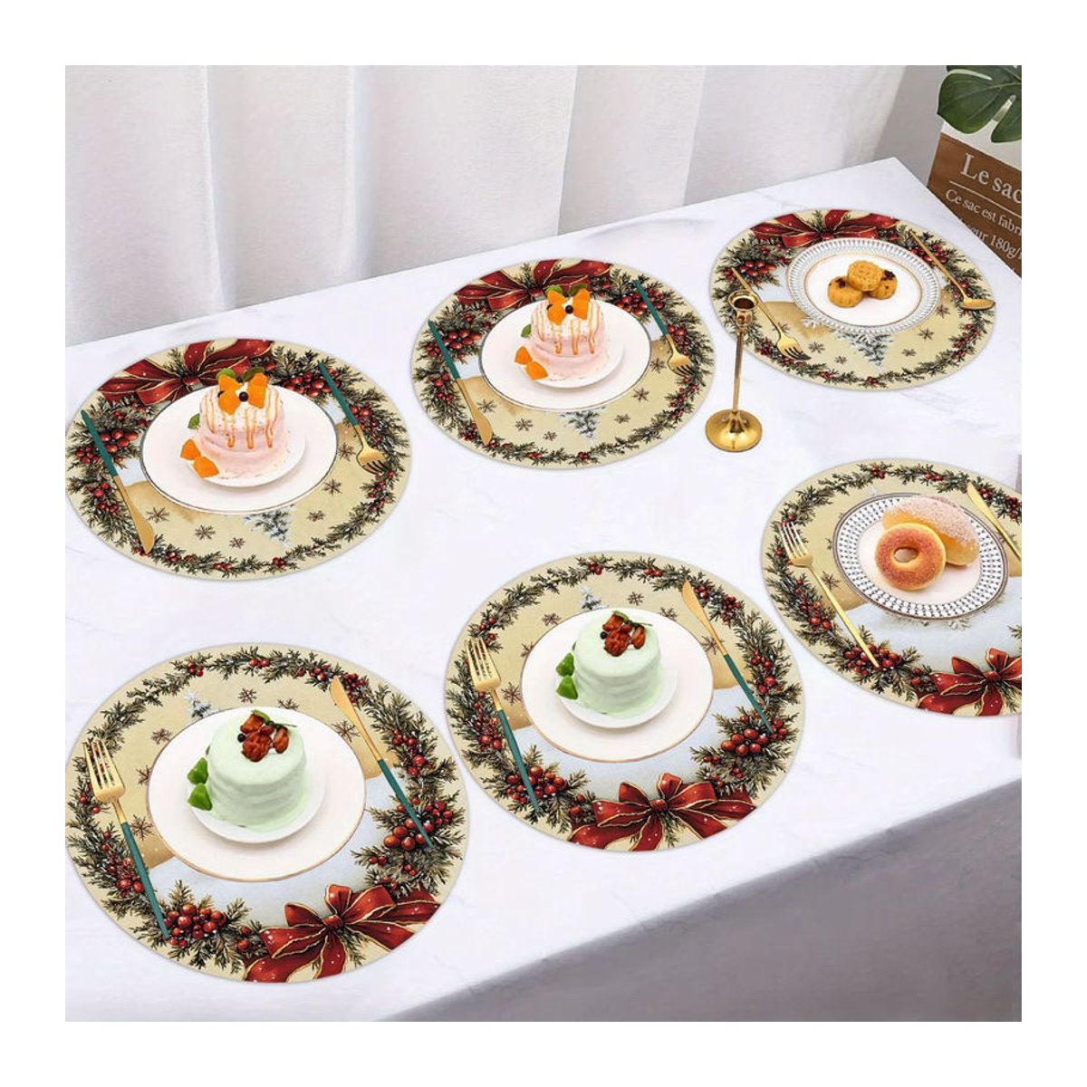 VIKAMA 6er Set Weihnachts Tischdeko mit Tannenzapfen, roten Beeren, Schleifen und Schneeflocken in Rot und Mehrfarbig - Bild 3