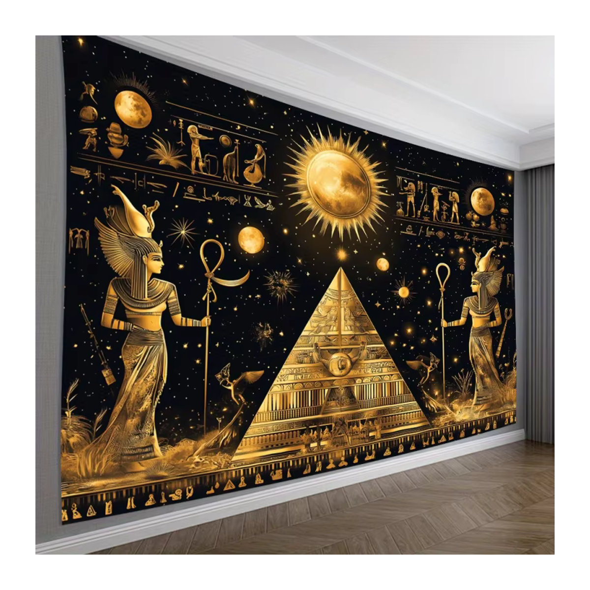 VIKAMA Ägyptischer Luxus-Wandteppich in Schwarz und Gold, Waschbare Wanddekoration mit abstraktem Muster für Wohnzimmer, Schlafzimmer und Büro - Bild 2