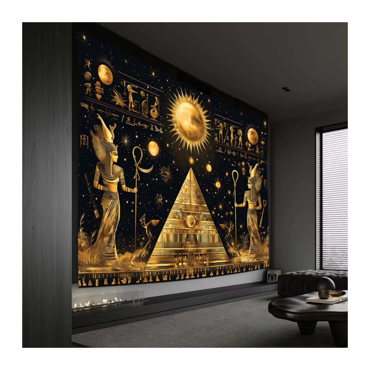 VIKAMA Ägyptischer Luxus-Wandteppich in Schwarz und Gold, Waschbare Wanddekoration mit abstraktem Muster für Wohnzimmer, Schlafzimmer und Büro - Bild 3