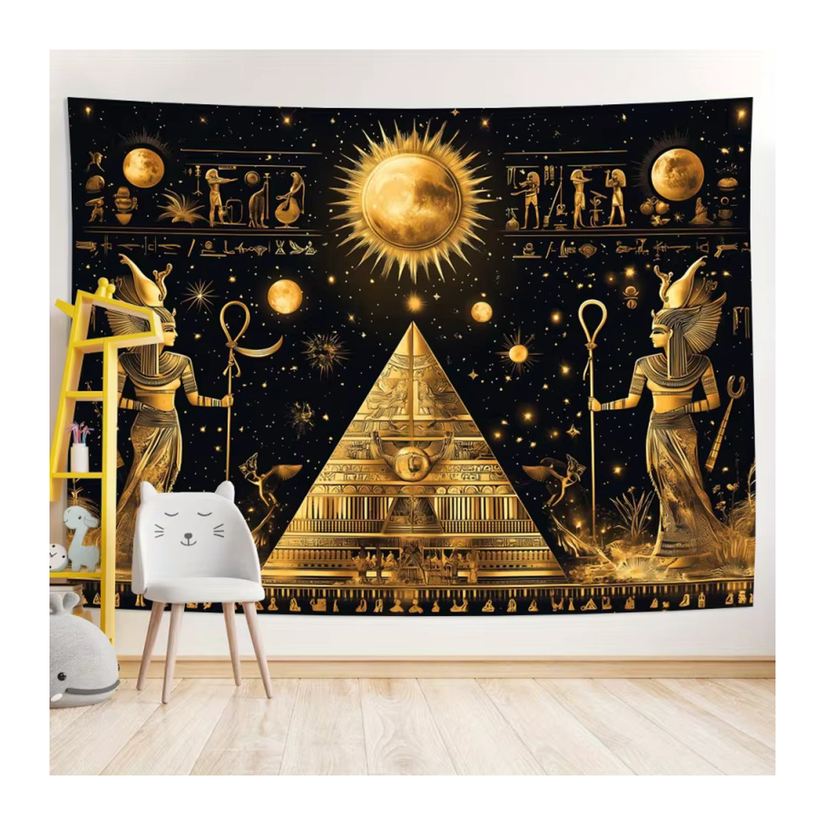 VIKAMA Ägyptischer Luxus-Wandteppich in Schwarz und Gold, Waschbare Wanddekoration mit abstraktem Muster für Wohnzimmer, Schlafzimmer und Büro - Bild 4