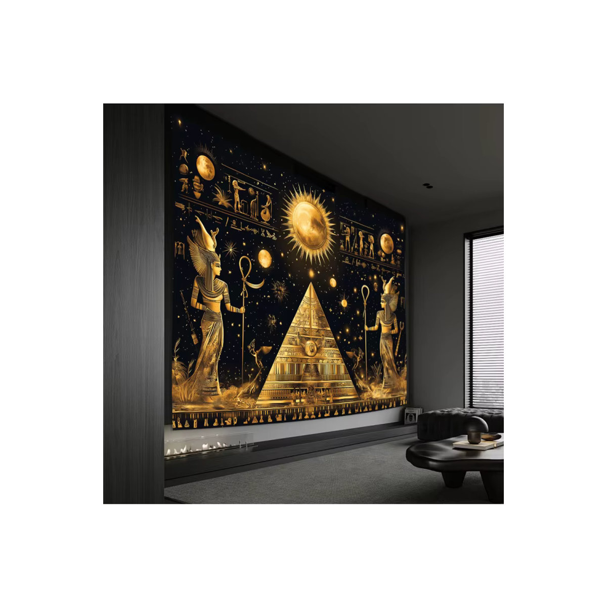 VIKAMA Ägyptischer Luxus-Wandteppich in Schwarz und Gold, Waschbare Wanddekoration mit abstraktem Muster für Wohnzimmer, Schlafzimmer und Büro - Bild 5