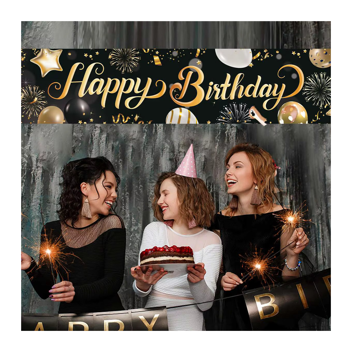 VIKAMA Alles Gute zum Geburtstag Banner Dekoration in Schwarz und Gold für Erwachsene als Party-Hintergrund und Foto-Requisiten - Bild 2