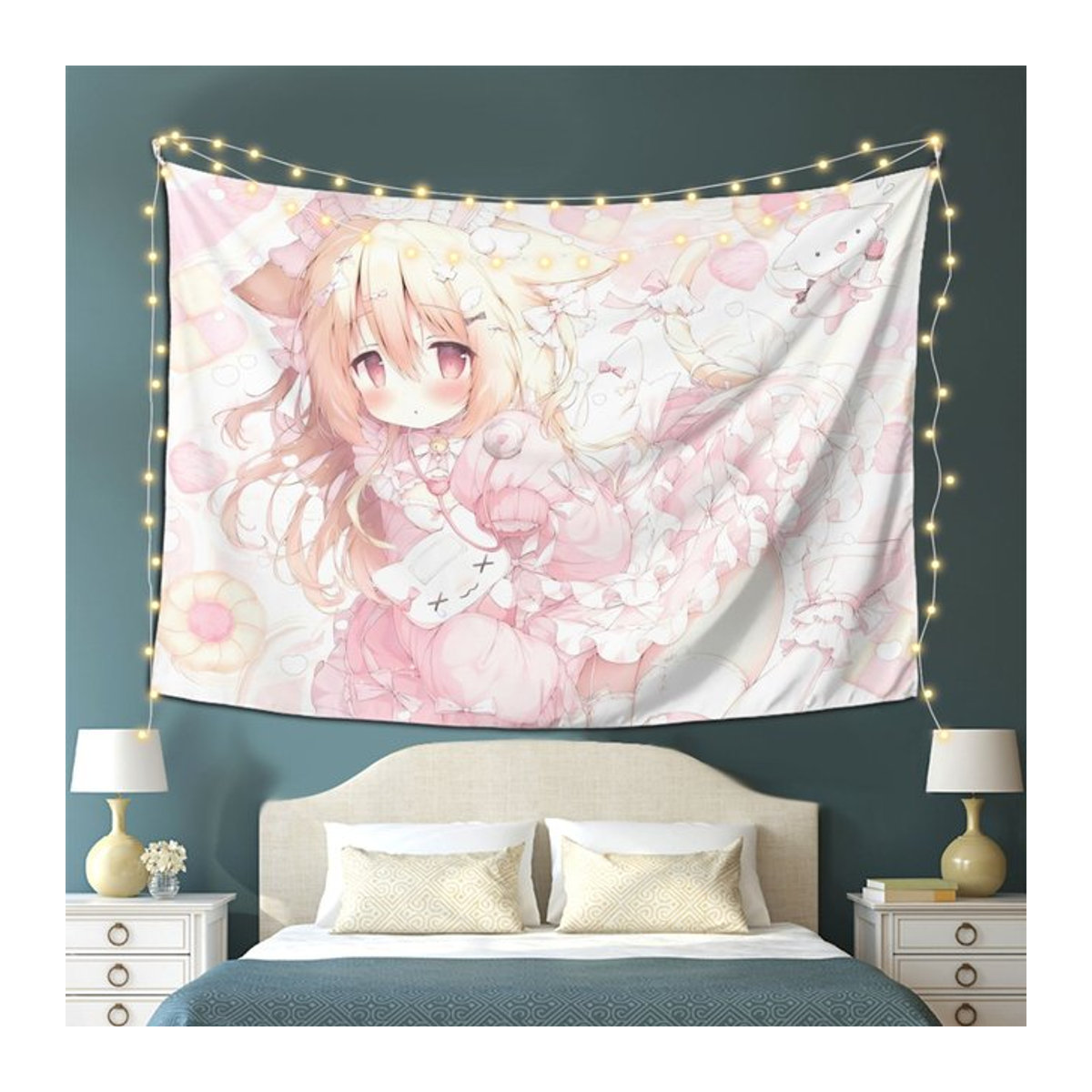 VIKAMA Anime-Katzenmädchen Wandteppich in Rosa, dekoratives Textil-Hängetuch für Kinderzimmer und Wohnzimmer, B/H: 40 x 60 cm - Bild 1