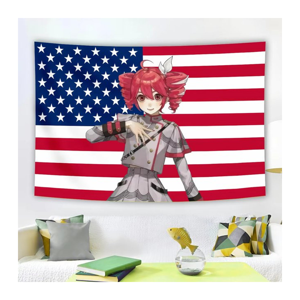 VIKAMA Anime Wandteppich Redhead Girl im Wind mit Sternenbanner, mehrfarbig, B/H: 60 x 40 cm - Bild 1