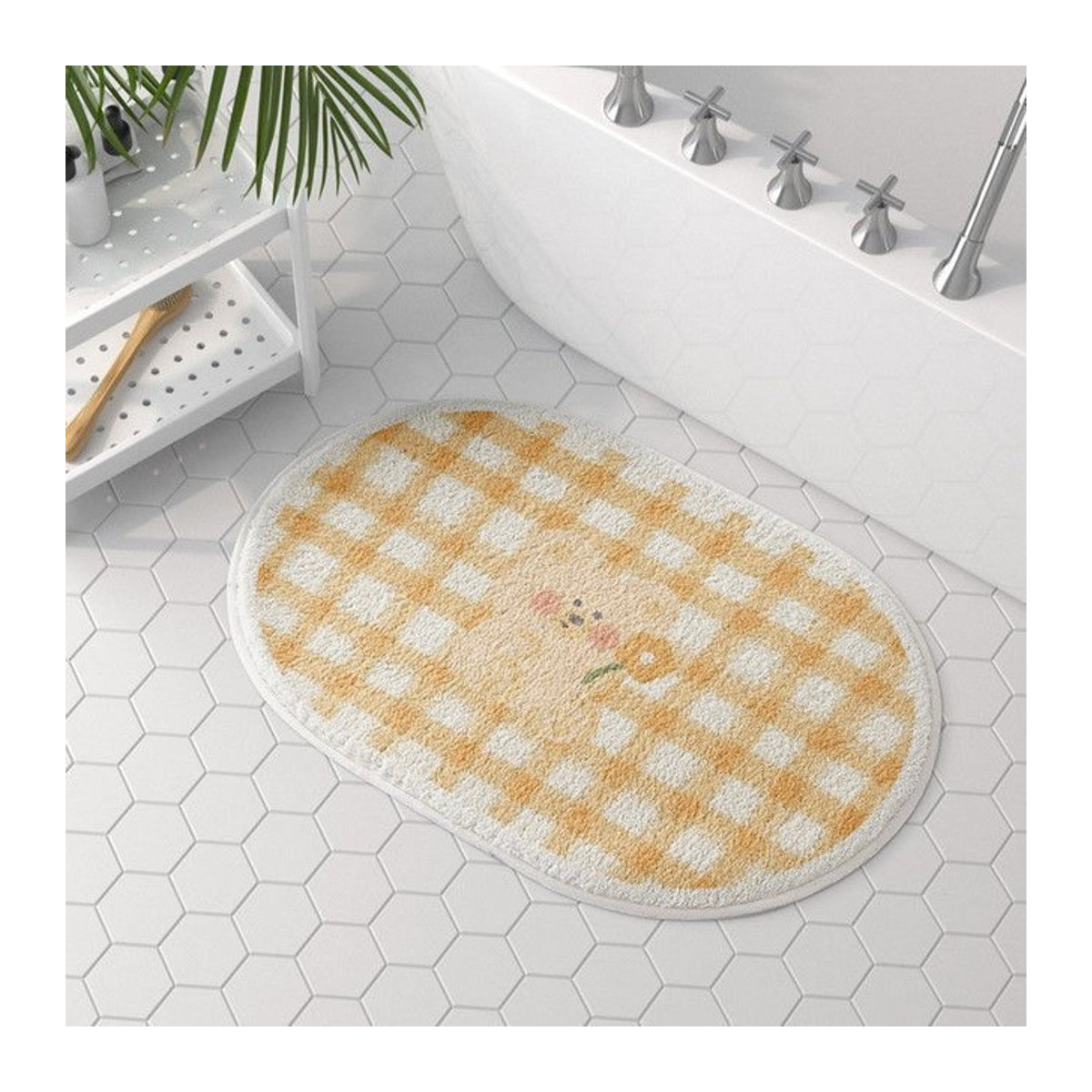 VIKAMA Anti-Rutsch-Teppich aus Kunstkaschmir mit kariertem Druck in Gelb, ovale Matte für Badezimmer, Toilette und Eingangsbereich - Bild 1