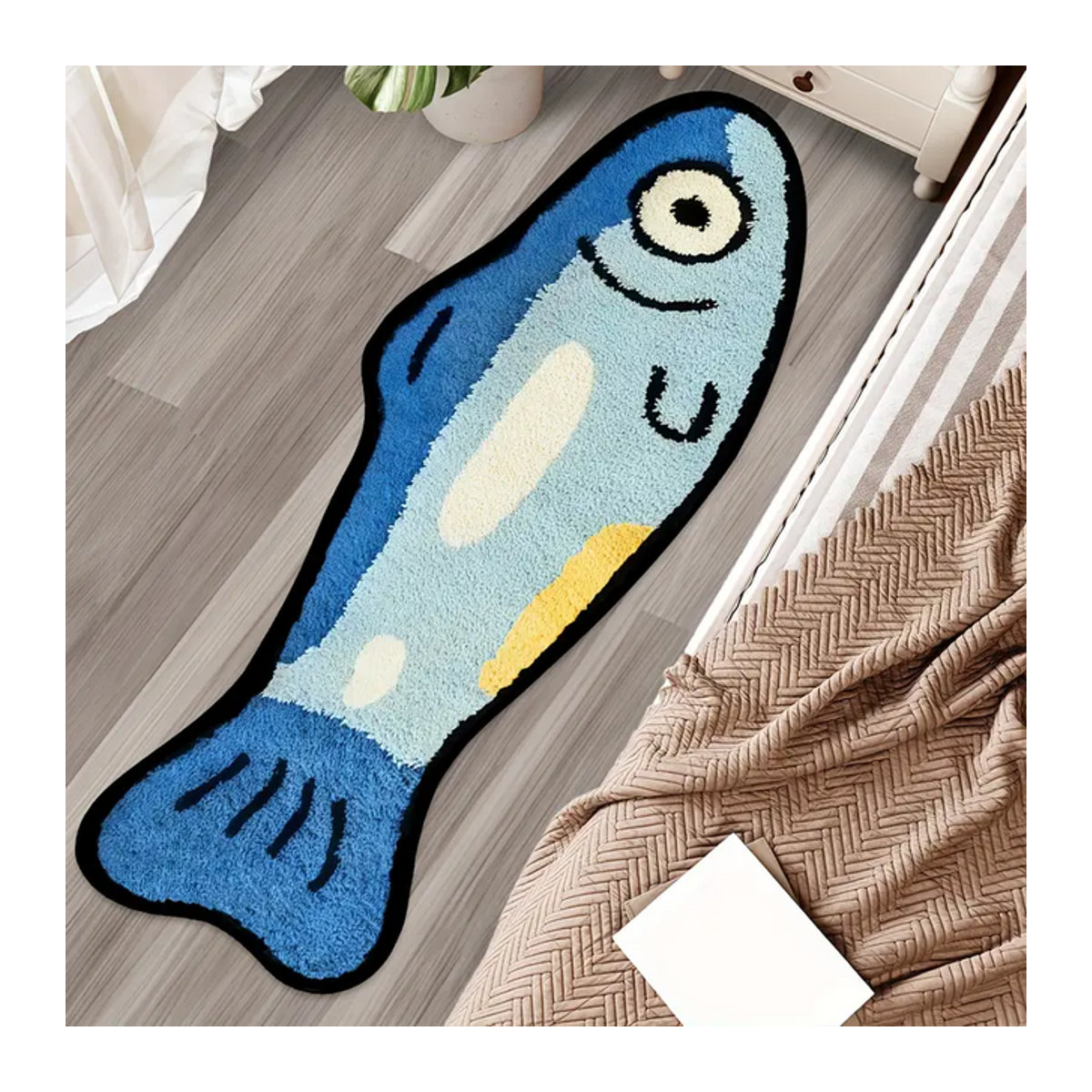 VIKAMA Blauer Cartoon-Teppich mit gesalzenem Fisch, weicher und waschbarer Teppich für Schlafzimmer, Eingangsbereich und Küche - Bild 1