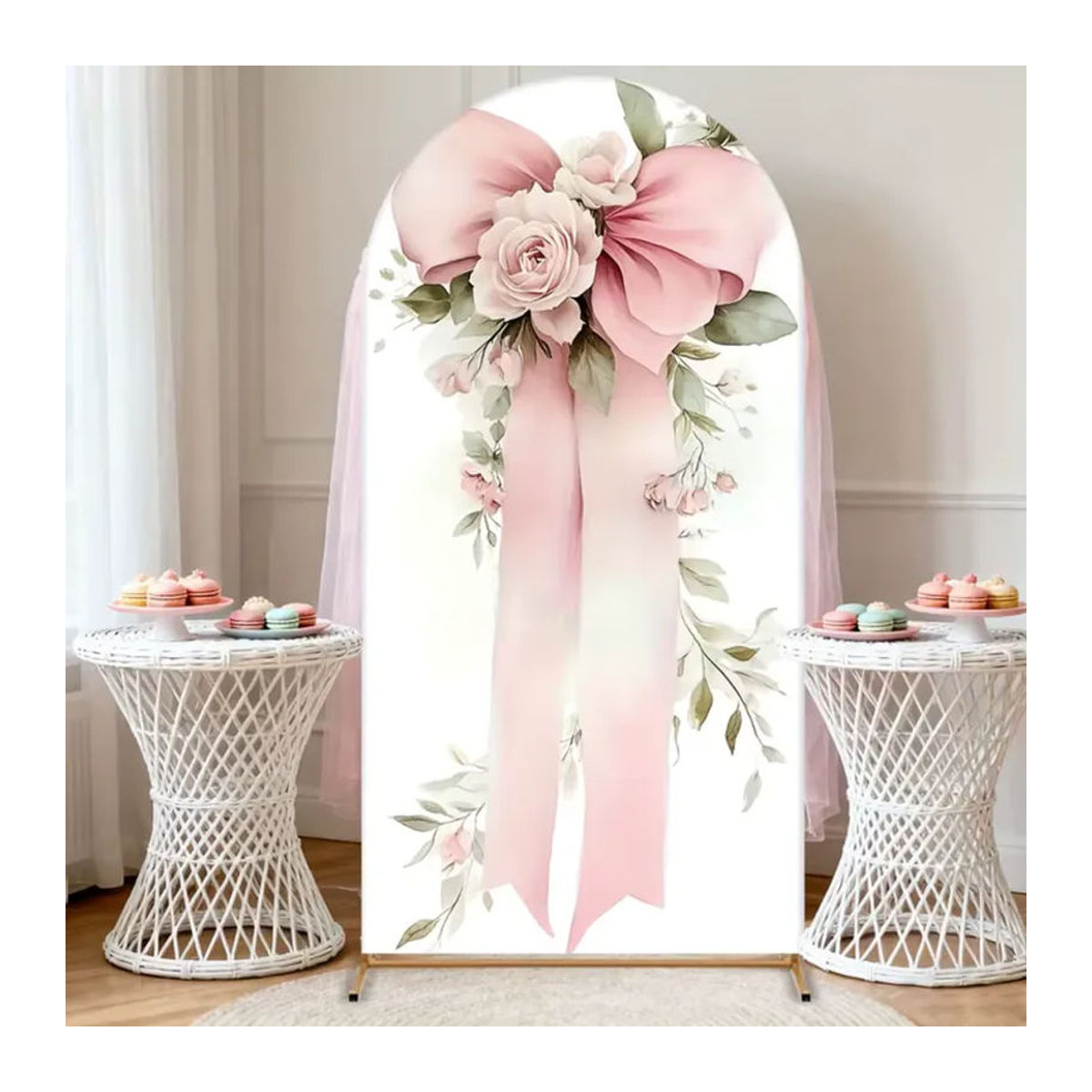 VIKAMA Blumenbogen-Hintergrund mit floralem Schleifenmuster in Rosa und Weiß für Hochzeit und Babyparty, Textil-Dekoration - Bild 2