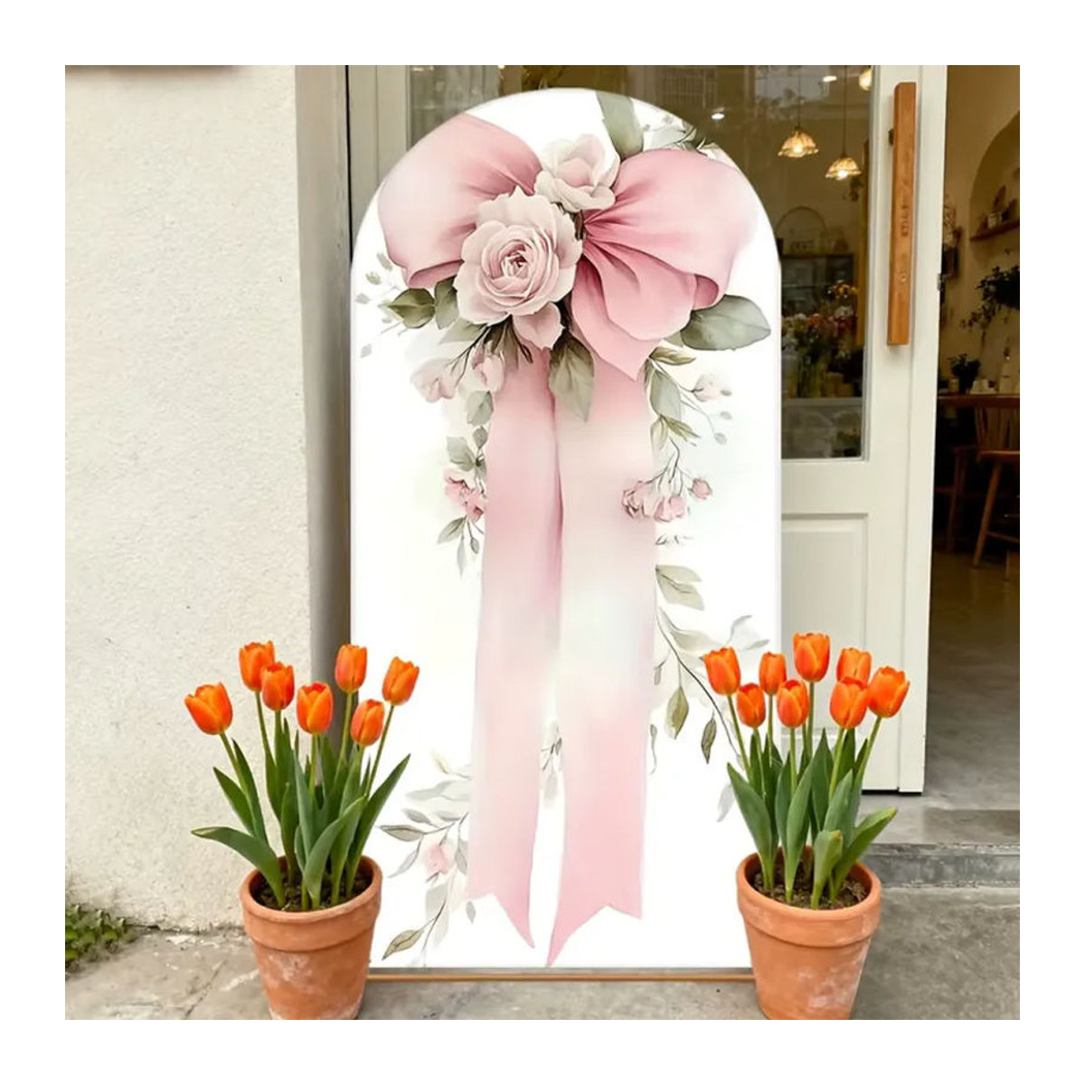 VIKAMA Blumenbogen-Hintergrund mit floralem Schleifenmuster in Rosa und Weiß für Hochzeit und Babyparty, Textil-Dekoration - Bild 3