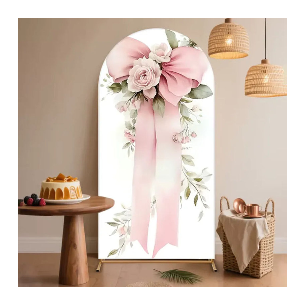 VIKAMA Blumenbogen-Hintergrund mit floralem Schleifenmuster in Rosa und Weiß für Hochzeit und Babyparty, Textil-Dekoration - Bild 4
