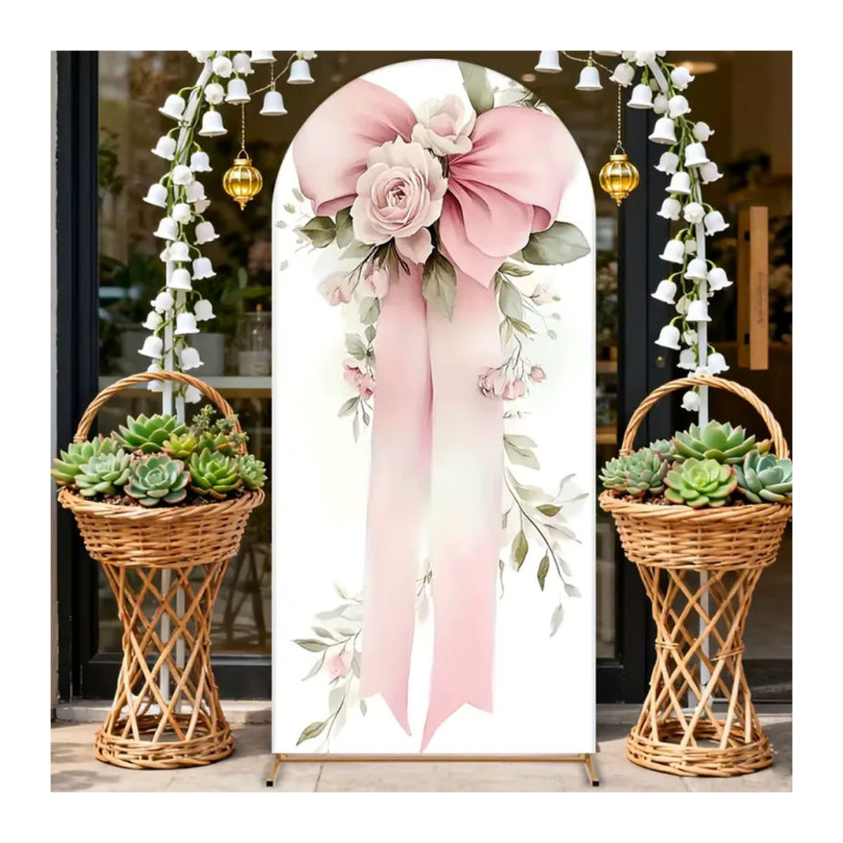 VIKAMA Blumenbogen-Hintergrund mit floralem Schleifenmuster in Rosa und Weiß für Hochzeit und Babyparty, Textil-Dekoration - Bild 5