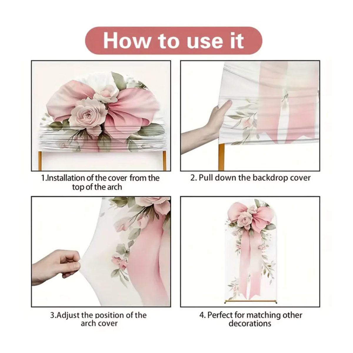 VIKAMA Blumenbogen-Hintergrund mit floralem Schleifenmuster in Rosa und Weiß für Hochzeit und Babyparty, Textil-Dekoration - Bild 6