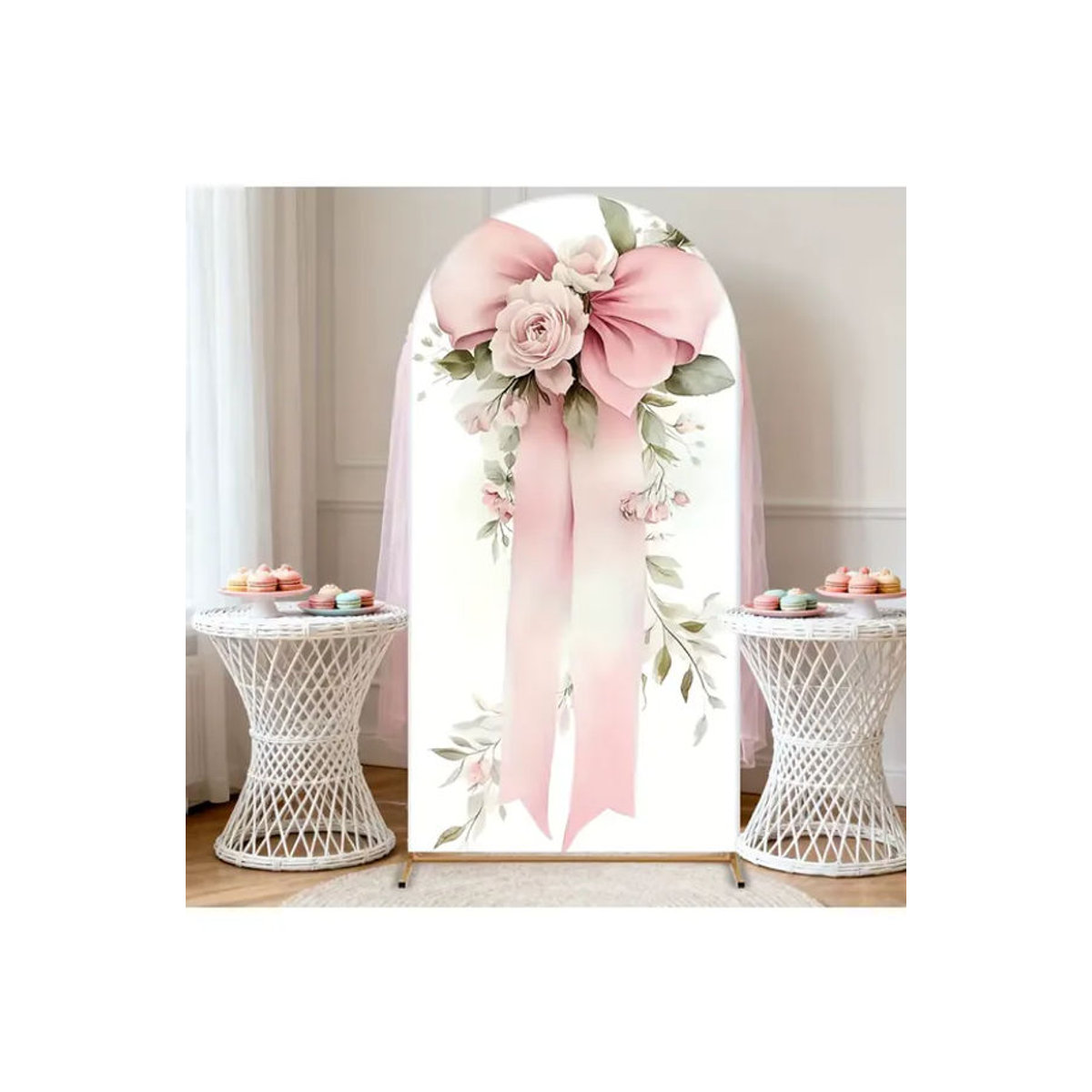 VIKAMA Blumenbogen-Hintergrund mit floralem Schleifenmuster in Rosa und Weiß für Hochzeit und Babyparty, Textil-Dekoration - Bild 7