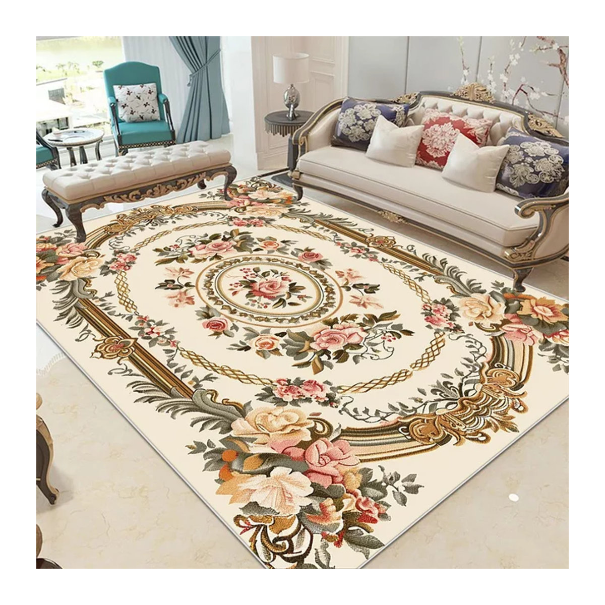 VIKAMA Blumenteppich im europäischen Retro-Stil, beige, Bodenmatte für Wohnzimmer und Flur - Bild 1