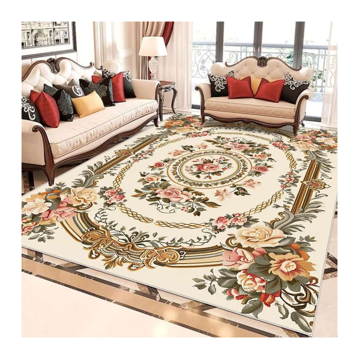 VIKAMA Blumenteppich im europäischen Retro-Stil, beige, Bodenmatte für Wohnzimmer und Flur - Bild 2