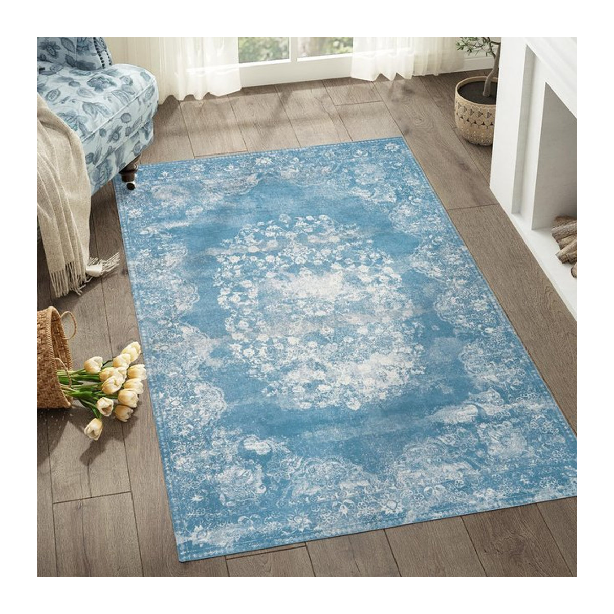 VIKAMA Blumenteppich in Blau, rutschfester und pflegeleichter Teppich für Wohnzimmer und Schlafzimmer - Bild 1