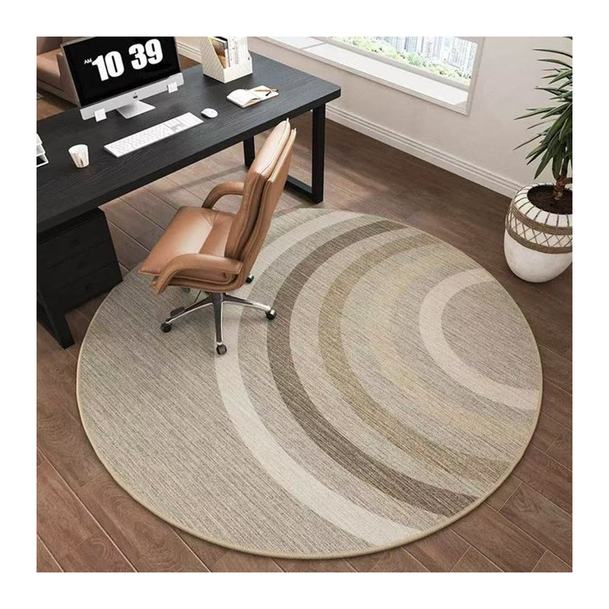 VIKAMA Bodenmatte für Computerstühle, runde Schreibtischmatte mit geometrischem Design in Beige, rutschfester Teppich, Durchmesser: 60 cm - Bild 1