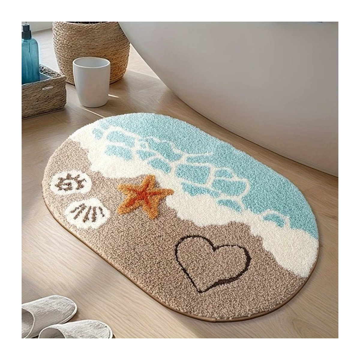 VIKAMA Bodenmatte oval in mehrfarbigem Beach Style, rutschfeste und saugfähige Duschmatte für Badezimmer, Küche oder Eingangsbereich - Bild 1